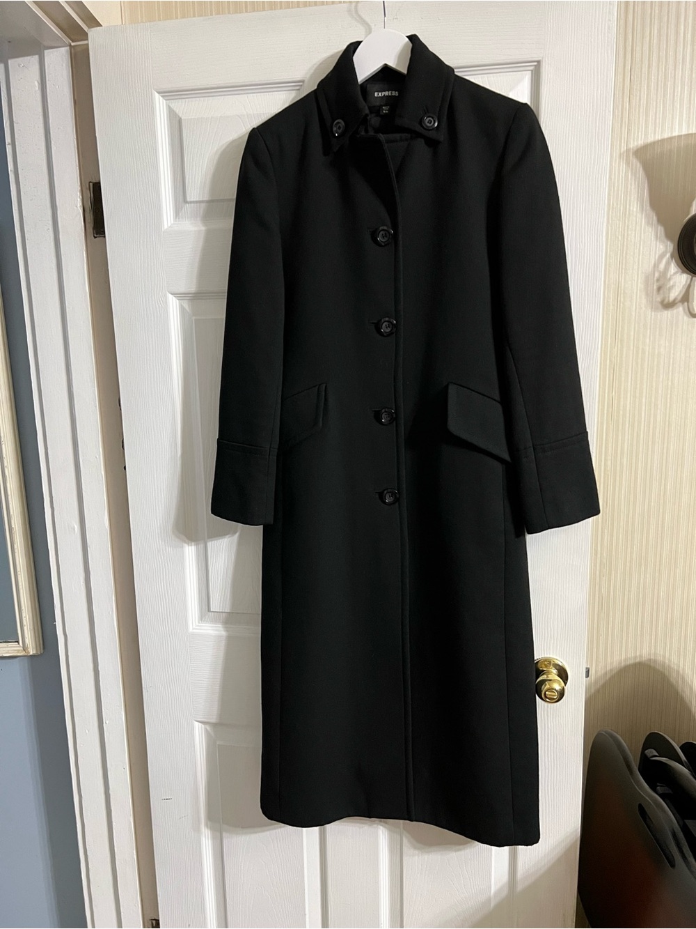 EUC Express Black Long Button-Front wool blend Trench Coat